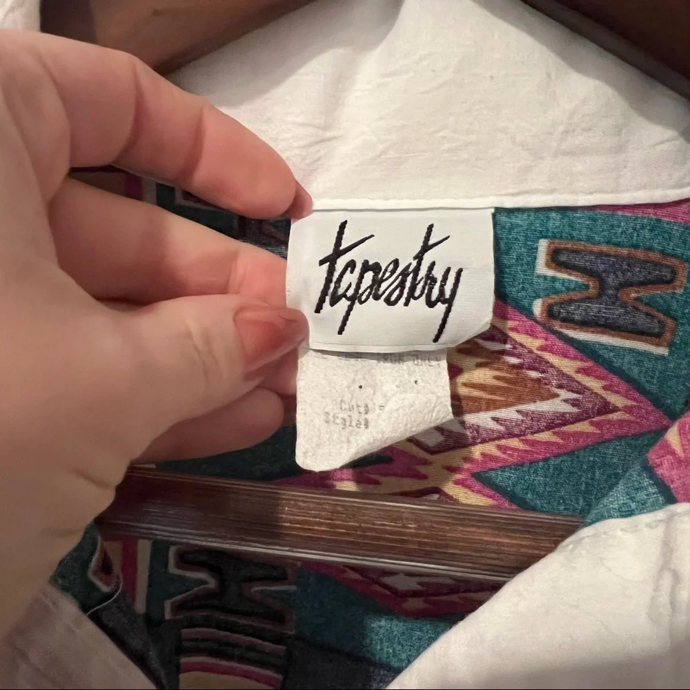 Vintage Tapestry Button Front Lightweight Blouse Aztec Southwestern Print Rodeo - Picture 5 of 8